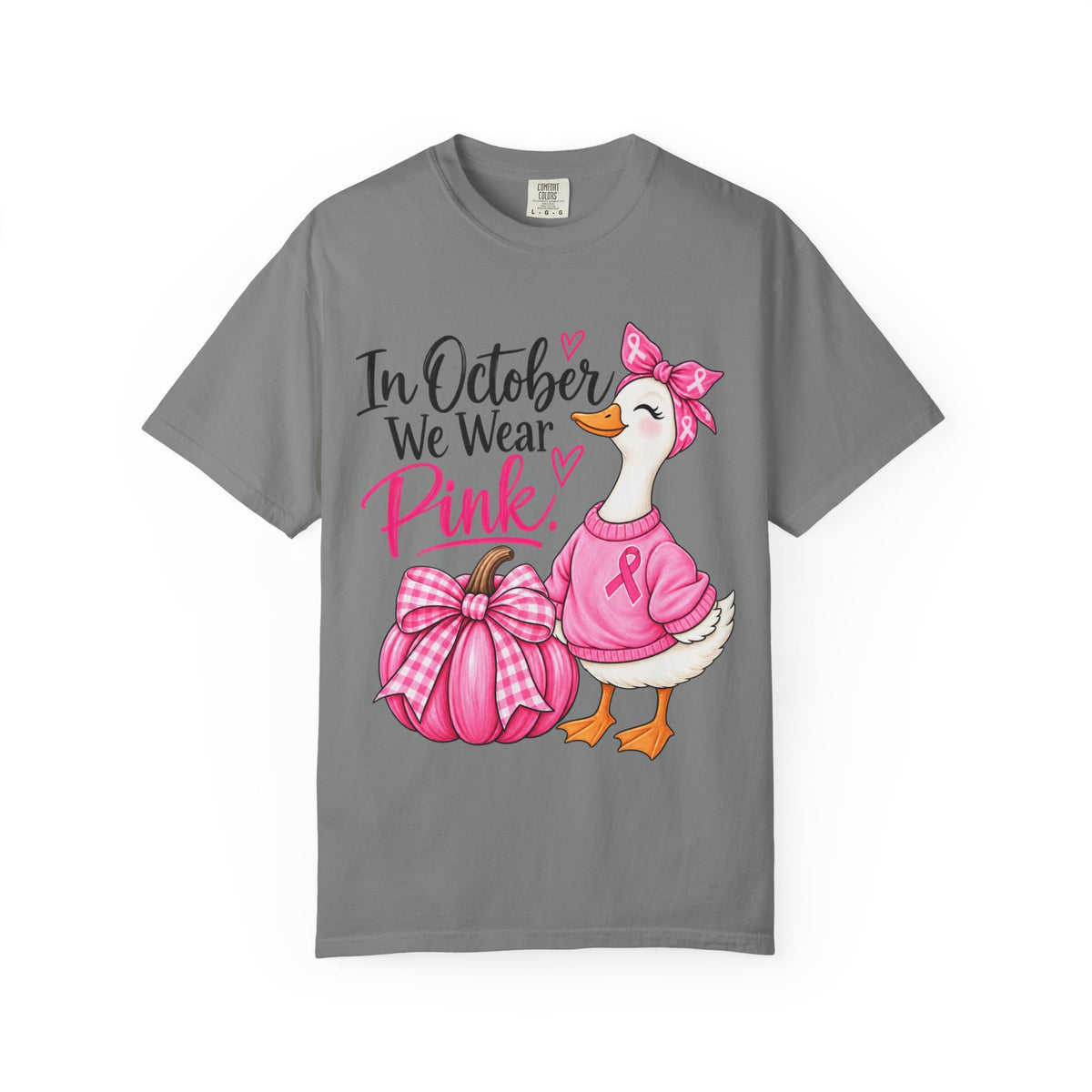 In October We Wear Pink Breast Cancer Awareness T-Shirt — Cute Duck & Pink Pumpkin Tee