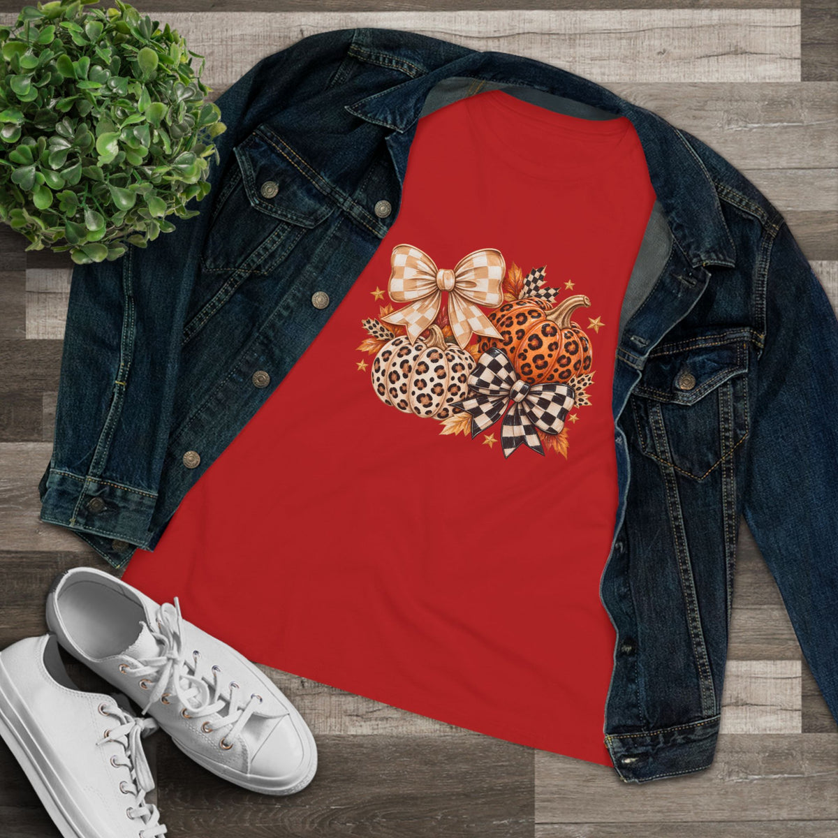 Leopard Pumpkin Trio Women's Tee — Fall Floral Bow Autumn Graphic Shirt