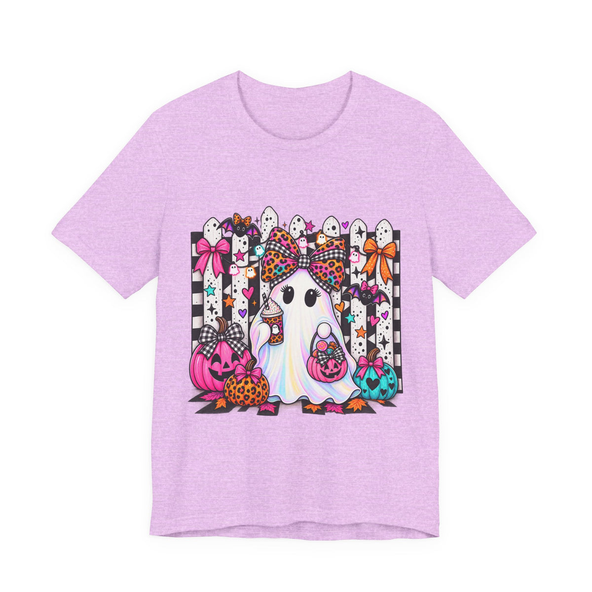 Cute Halloween Ghost Tee — Pink & Leopard Pumpkin Ghosts Graphic T-Shirt