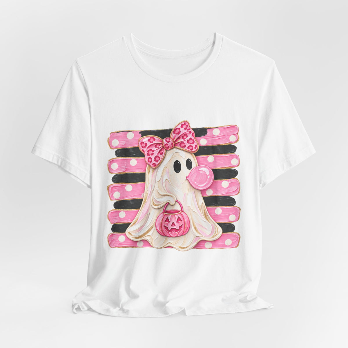 Pink Polka Dot Ghost T‑Shirt — Cute Halloween Ghost with Bow & Jack‑O‑Lantern