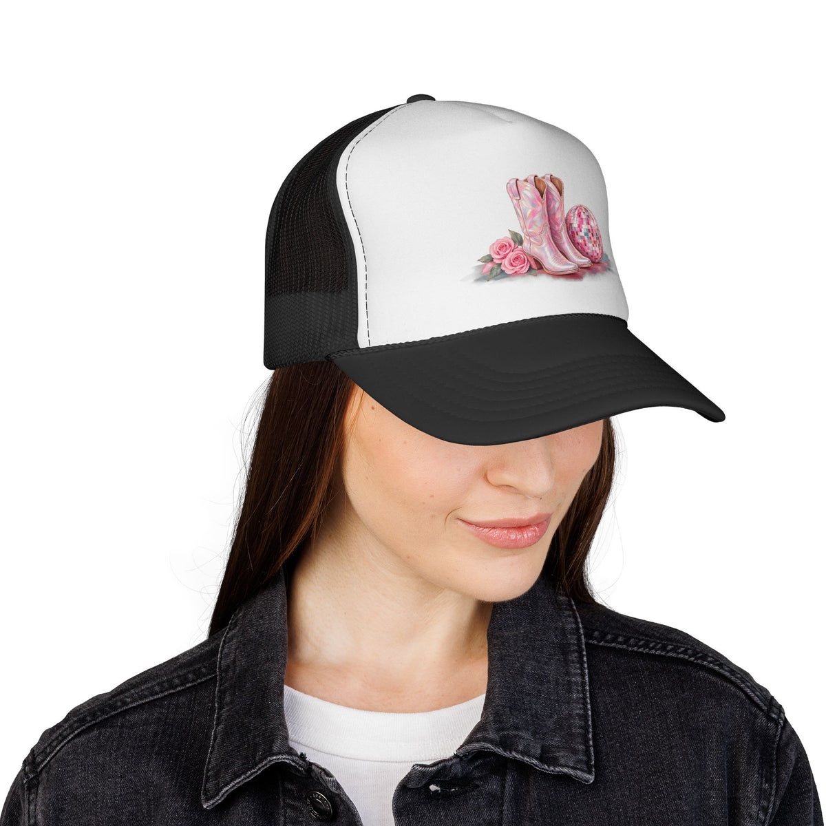 Cowgirl Pink Boots Trucker Cap — Western Rodeo Hat with Floral & Disco Ball Design