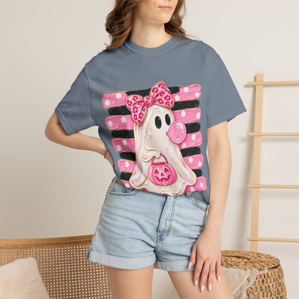 Halloween Pink Ghost T-Shirt — Cute Bubblegum Ghost with Bow & Jack-o'-Lantern