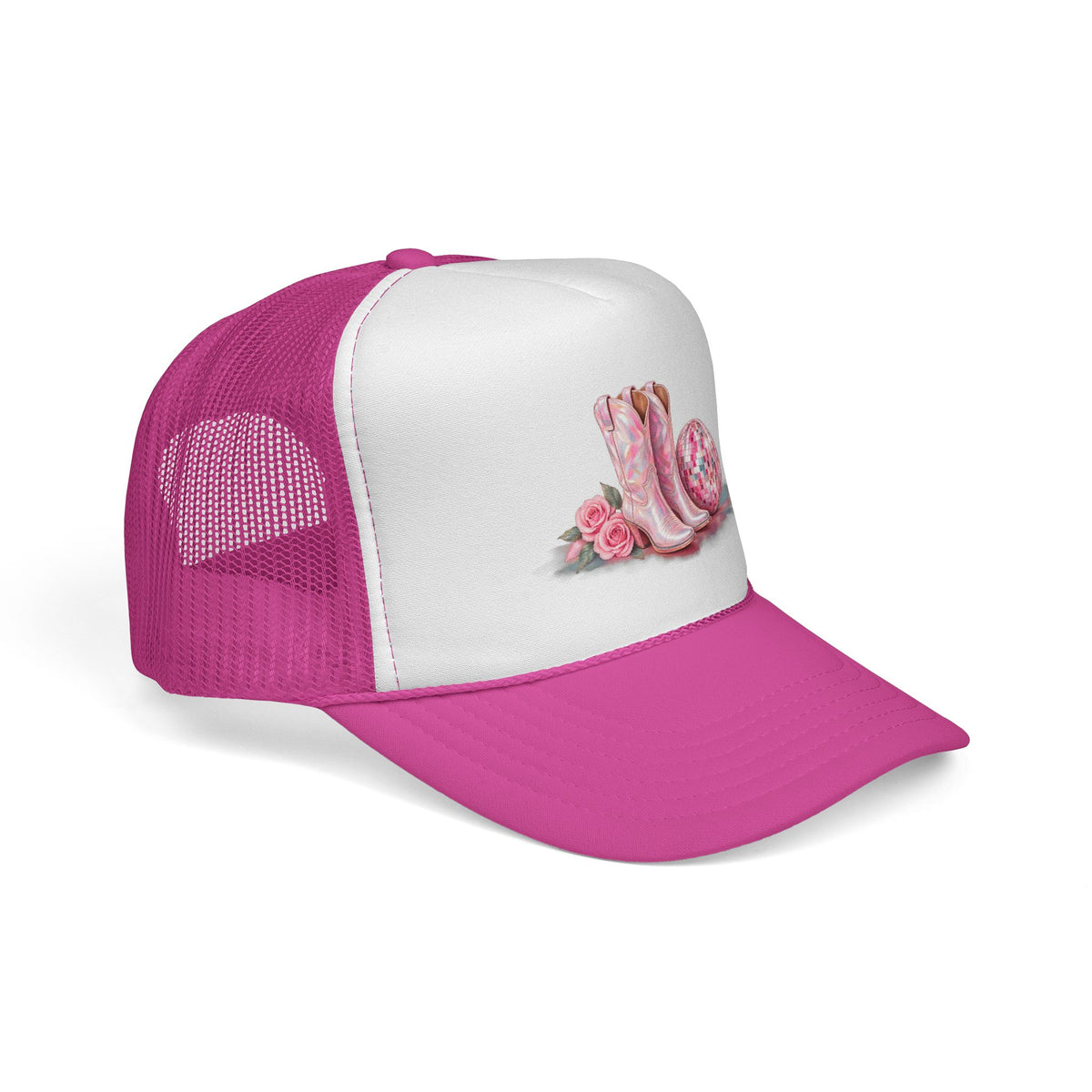 Cowgirl Pink Boots Trucker Cap — Western Rodeo Hat with Floral & Disco Ball Design