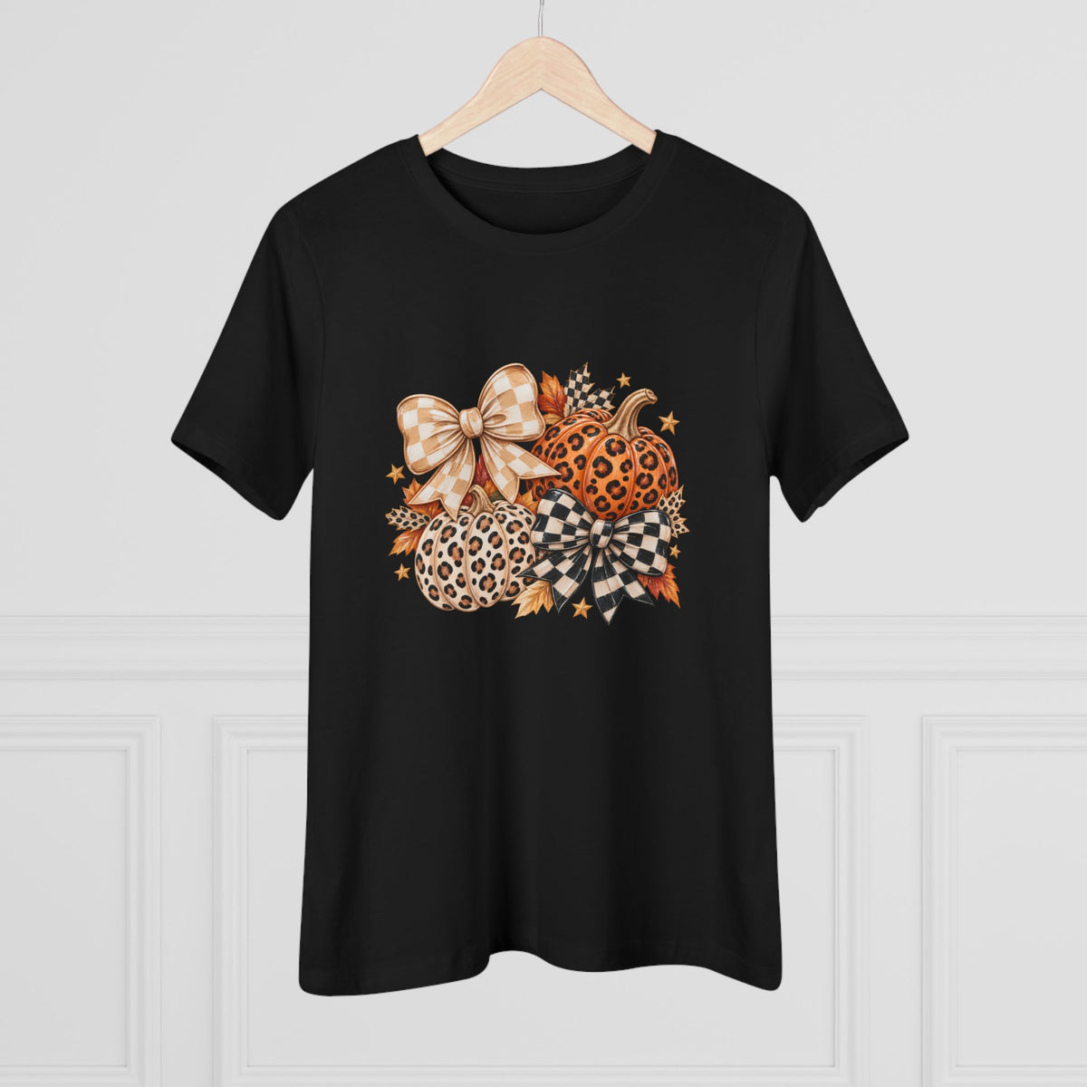 Leopard Pumpkin Trio Women's Tee — Fall Floral Bow Autumn Graphic Shirt