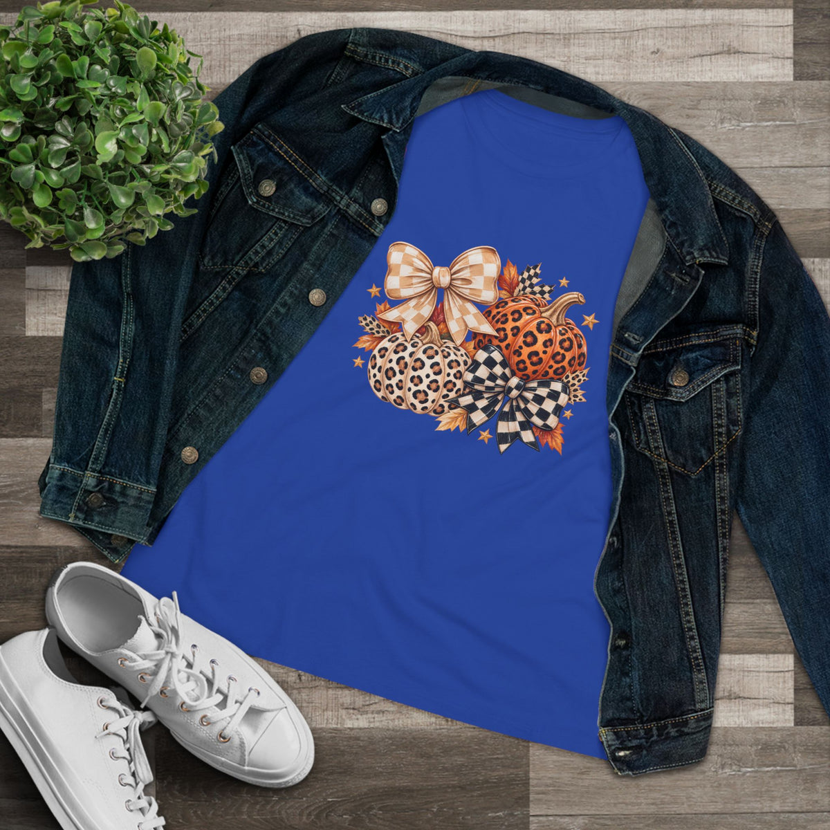 Leopard Pumpkin Trio Women's Tee — Fall Floral Bow Autumn Graphic Shirt