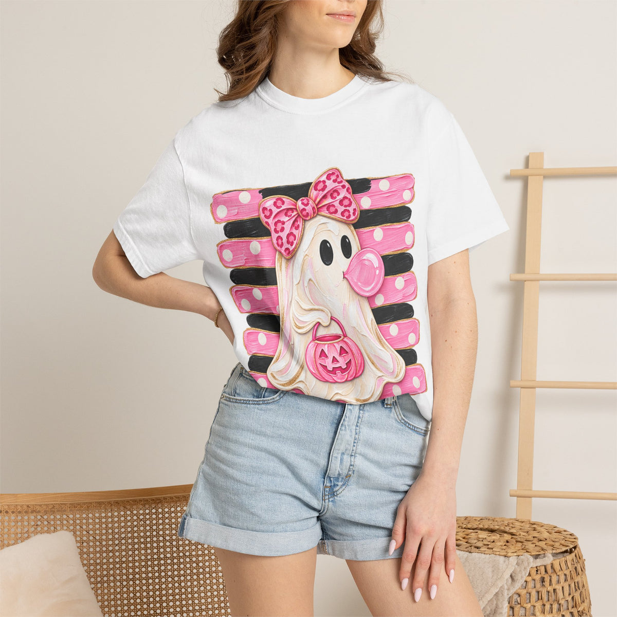 Halloween Pink Ghost T-Shirt — Cute Bubblegum Ghost with Bow & Jack-o'-Lantern