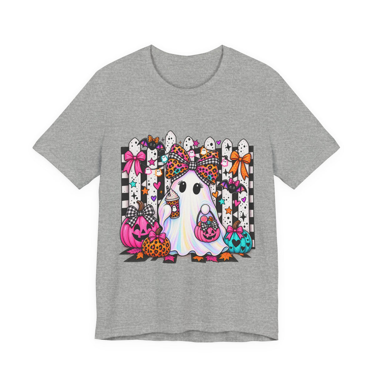 Cute Halloween Ghost Tee — Pink & Leopard Pumpkin Ghosts Graphic T-Shirt