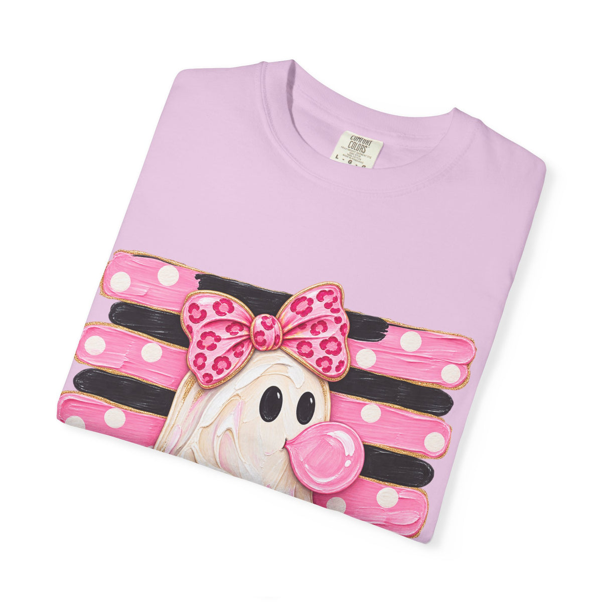 Halloween Pink Ghost T-Shirt — Cute Bubblegum Ghost with Bow & Jack-o'-Lantern