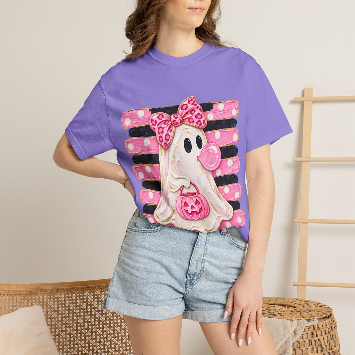 Halloween Pink Ghost T-Shirt — Cute Bubblegum Ghost with Bow & Jack-o'-Lantern