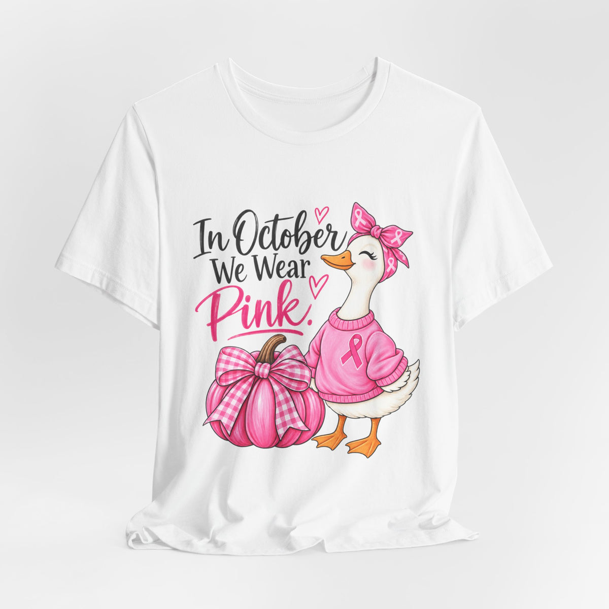 Breast Cancer Awareness Tee - "In October We Wear Pink" Duck & Pink Pumpkin T-Shirt