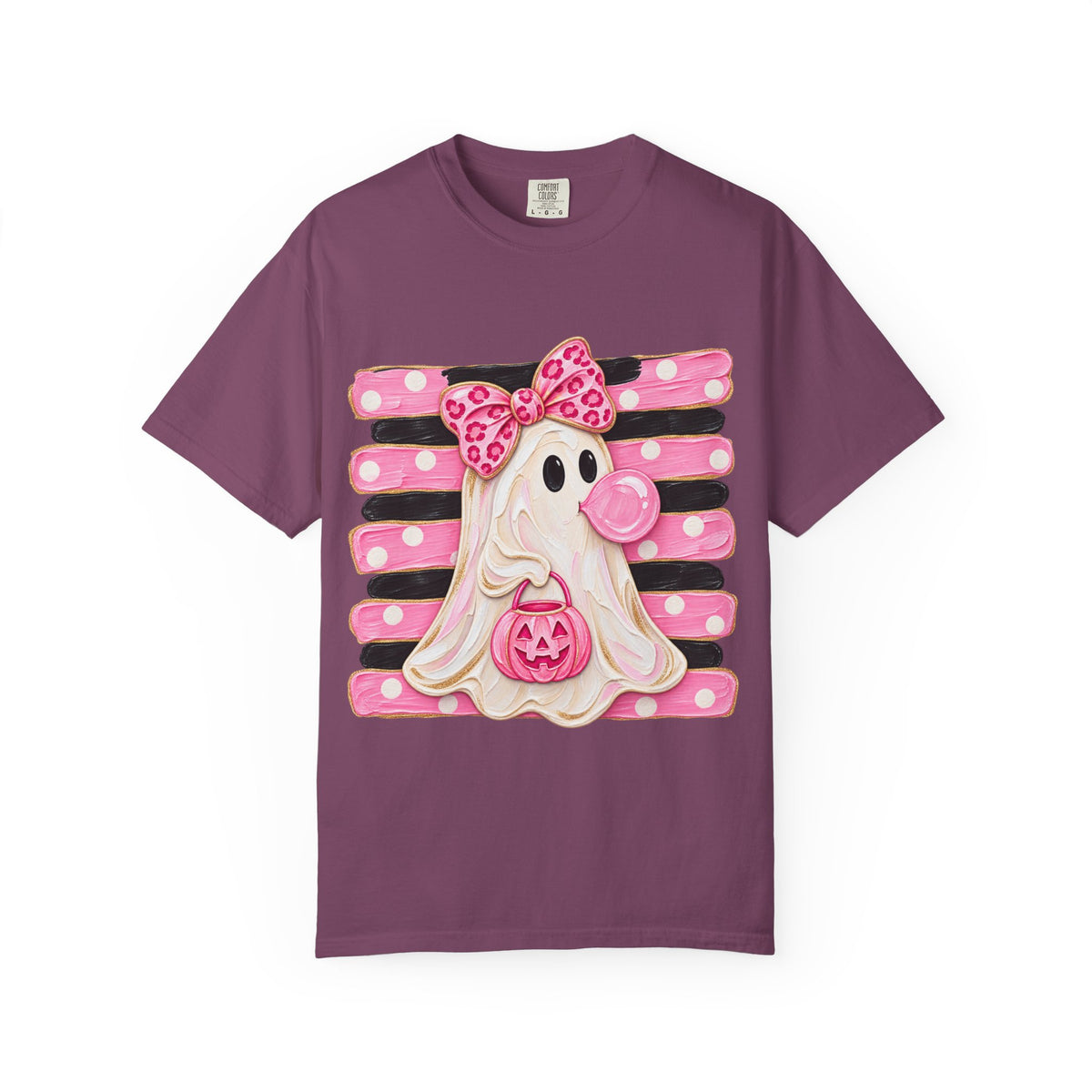 Halloween Pink Ghost T-Shirt — Cute Bubblegum Ghost with Bow & Jack-o'-Lantern