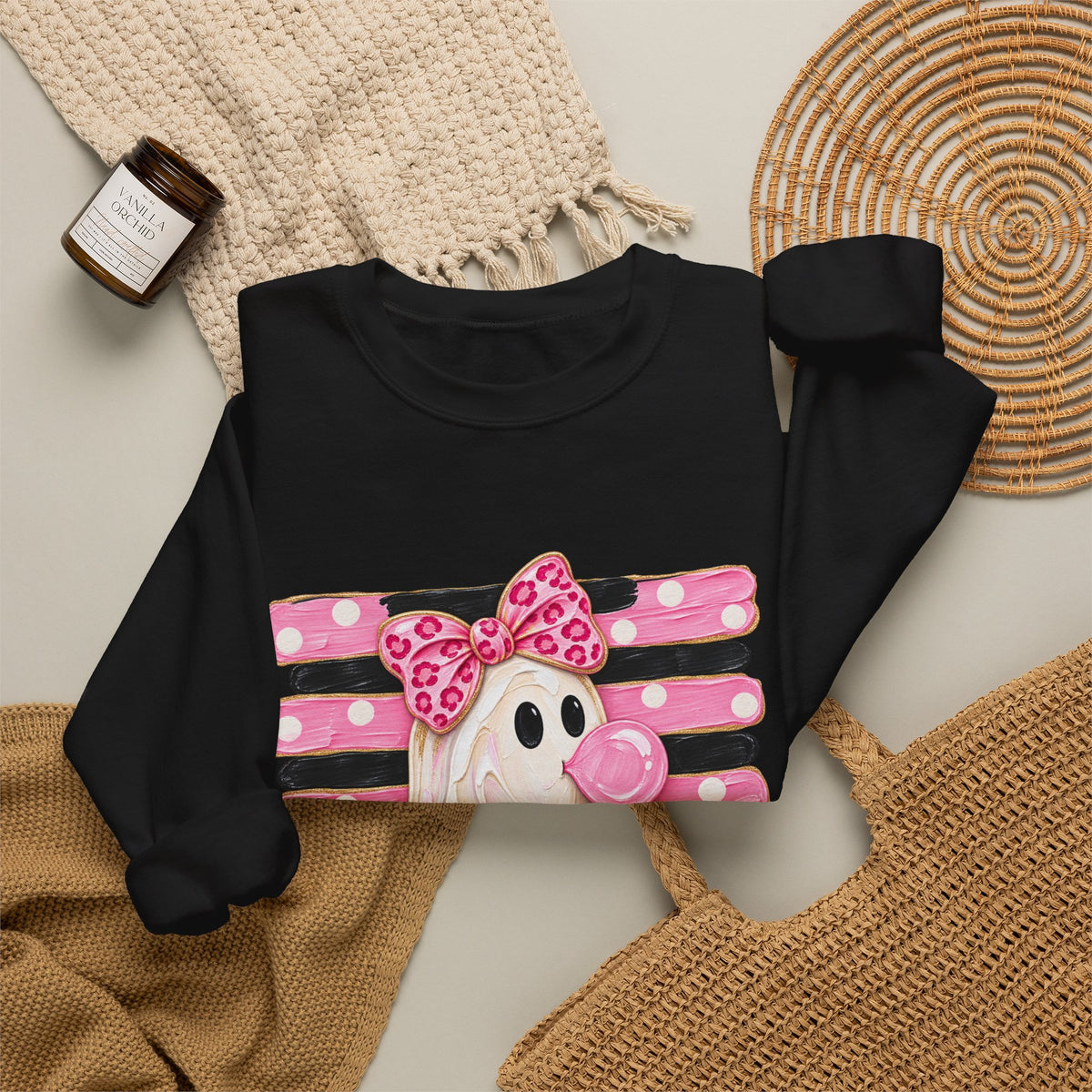 Ghost Costume Sweatshirt — Cute Pink Polka Dot Ghost with Pumpkin Graphic