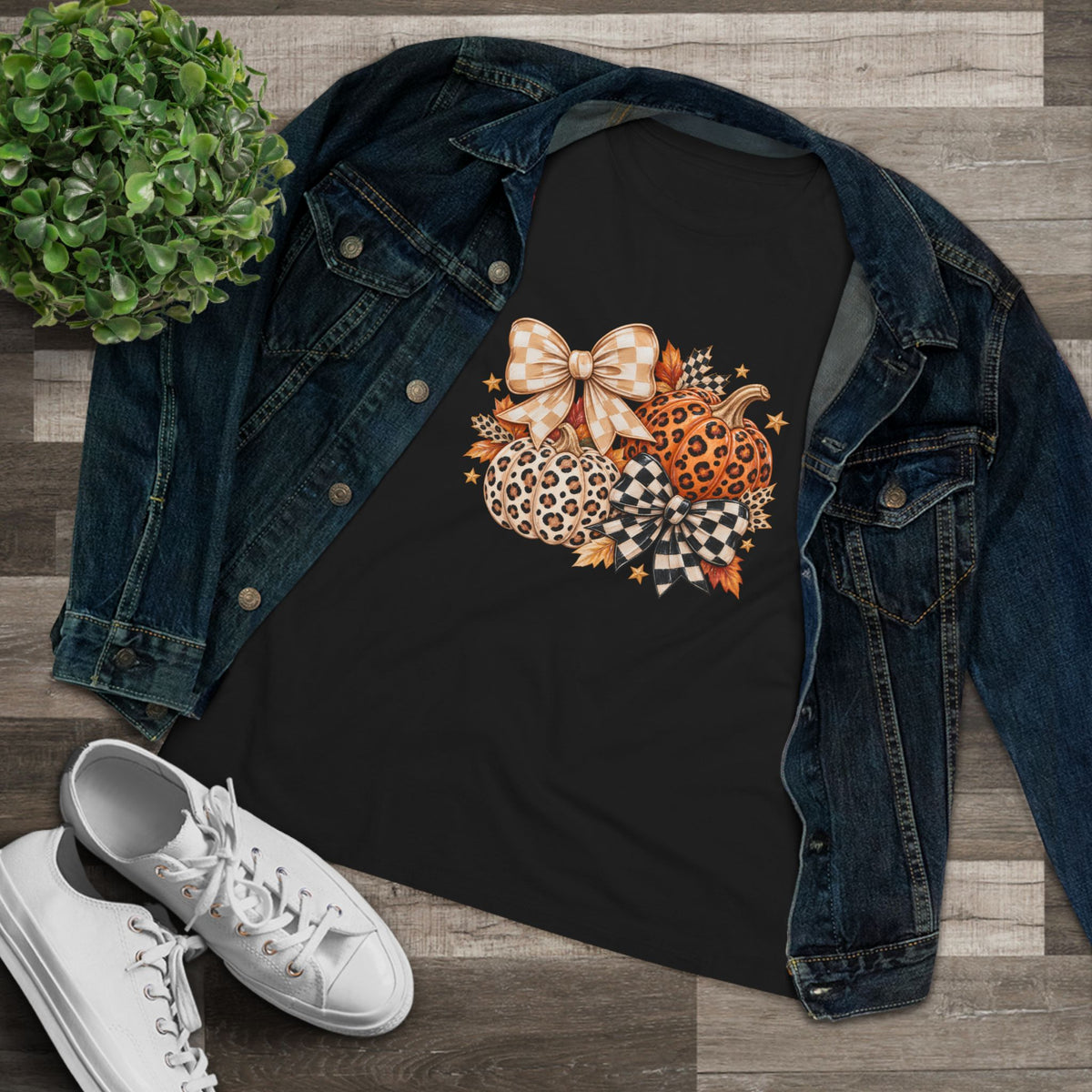 Leopard Pumpkin Trio Women's Tee — Fall Floral Bow Autumn Graphic Shirt