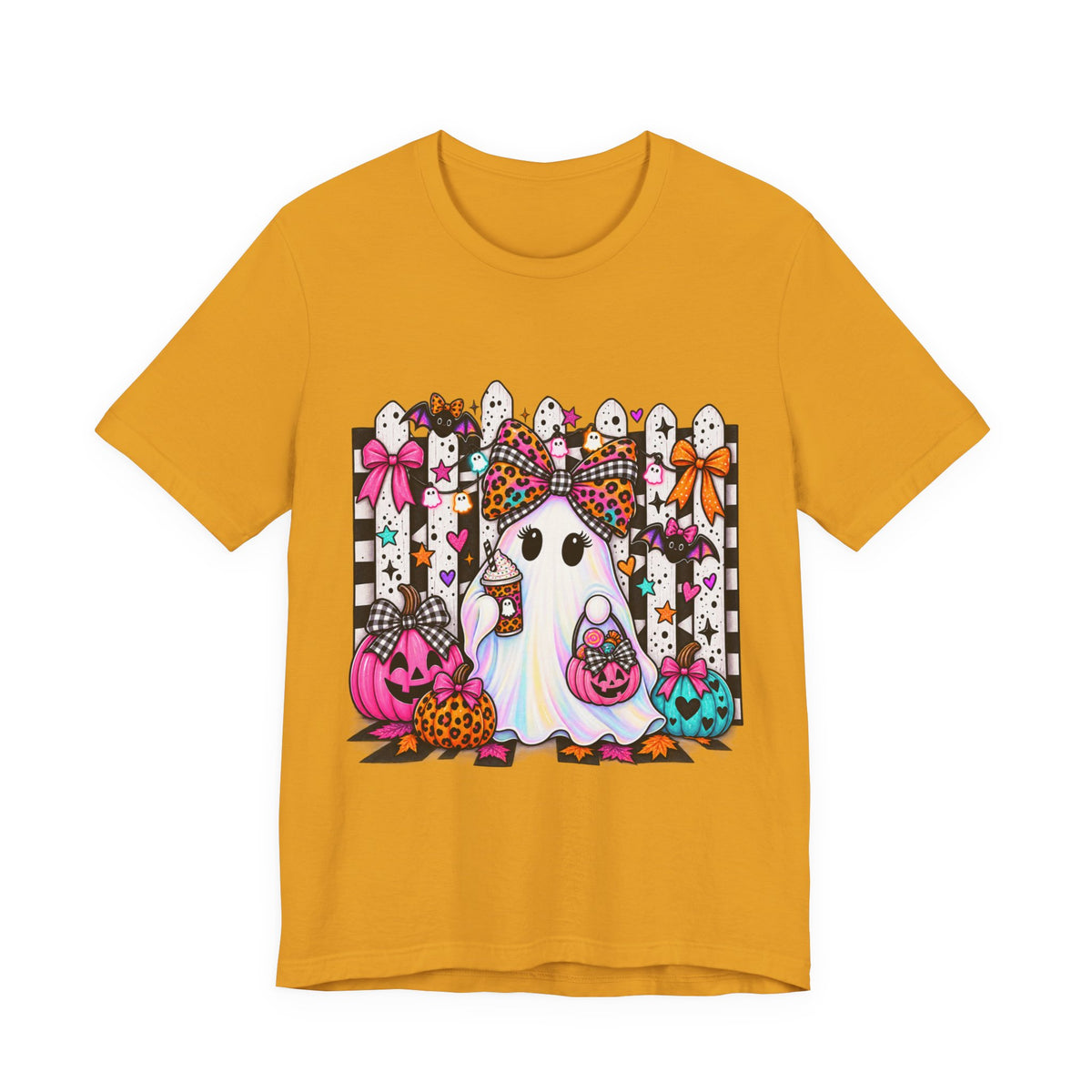 Cute Halloween Ghost Tee — Pink & Leopard Pumpkin Ghosts Graphic T-Shirt