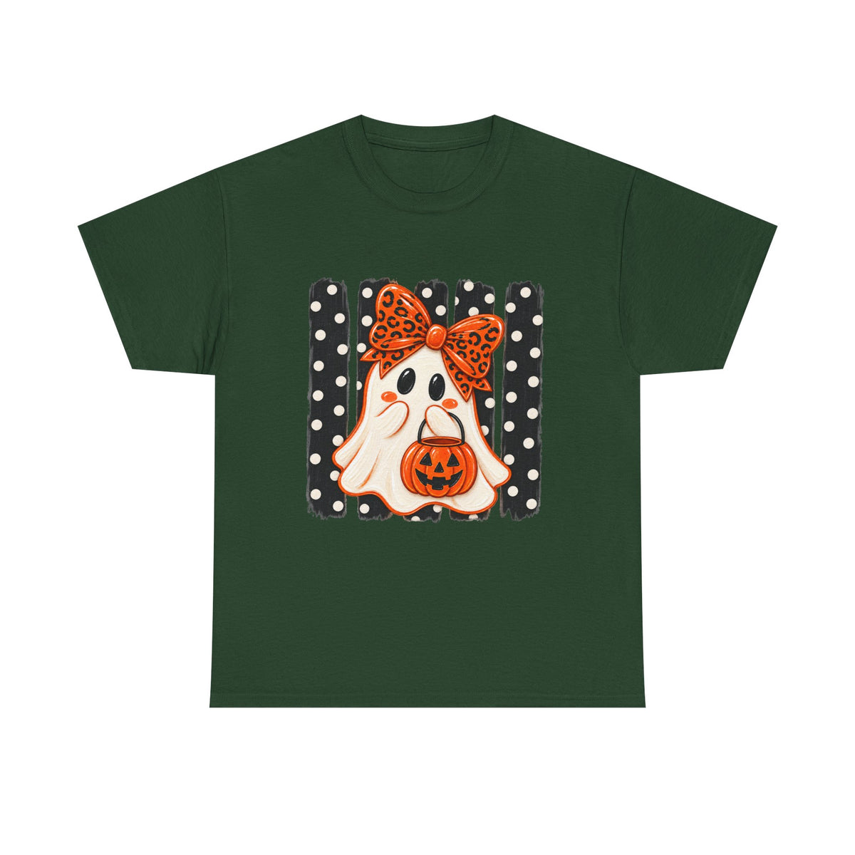 Halloween Ghost Tee — Cute Ghost with Pumpkin & Polka Dot Bow
