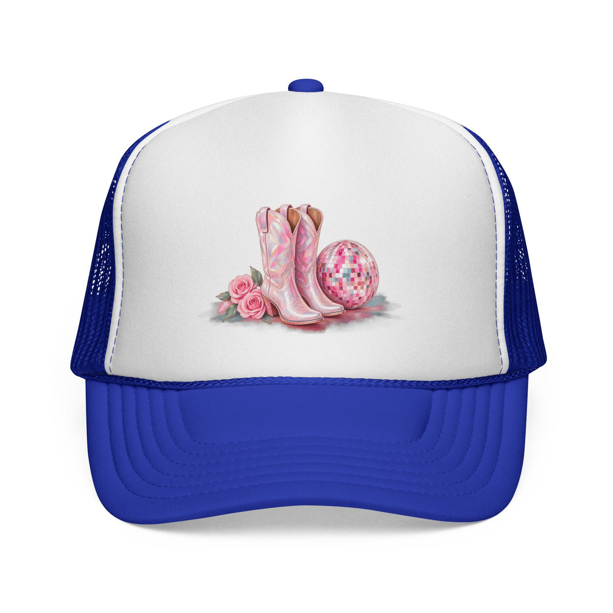 Cowgirl Pink Boots Trucker Cap — Western Rodeo Hat with Floral & Disco Ball Design