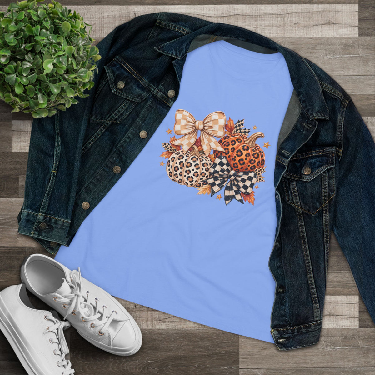 Leopard Pumpkin Trio Women's Tee — Fall Floral Bow Autumn Graphic Shirt