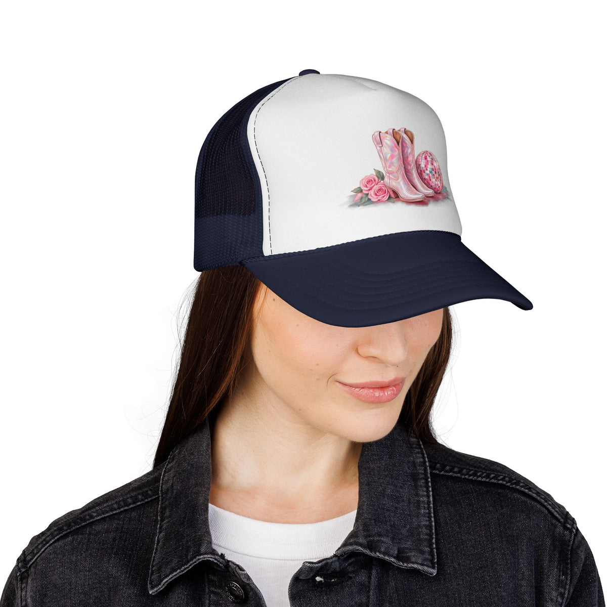 Cowgirl Pink Boots Trucker Cap — Western Rodeo Hat with Floral & Disco Ball Design