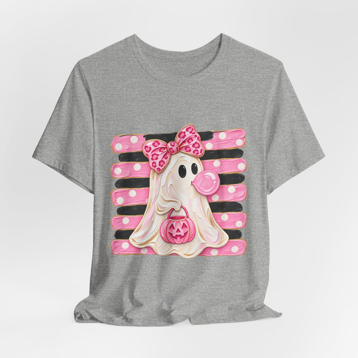 Pink Polka Dot Ghost T‑Shirt — Cute Halloween Ghost with Bow & Jack‑O‑Lantern