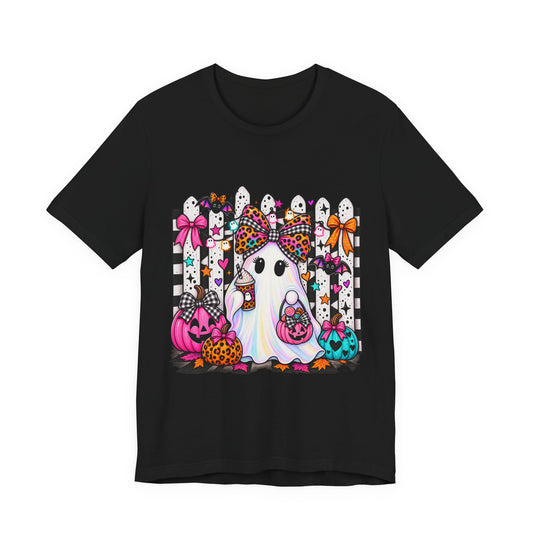 Cute Halloween Ghost Tee — Pink & Leopard Pumpkin Ghosts Graphic T-Shirt