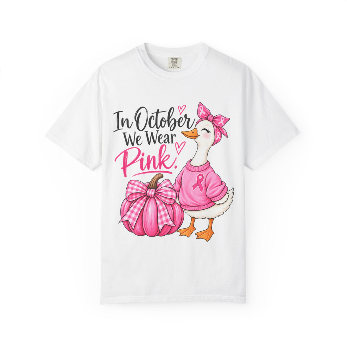 In October We Wear Pink Breast Cancer Awareness T-Shirt — Cute Duck & Pink Pumpkin Tee