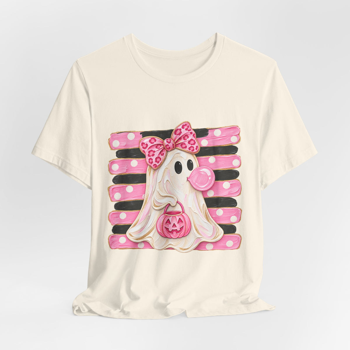 Pink Polka Dot Ghost T‑Shirt — Cute Halloween Ghost with Bow & Jack‑O‑Lantern