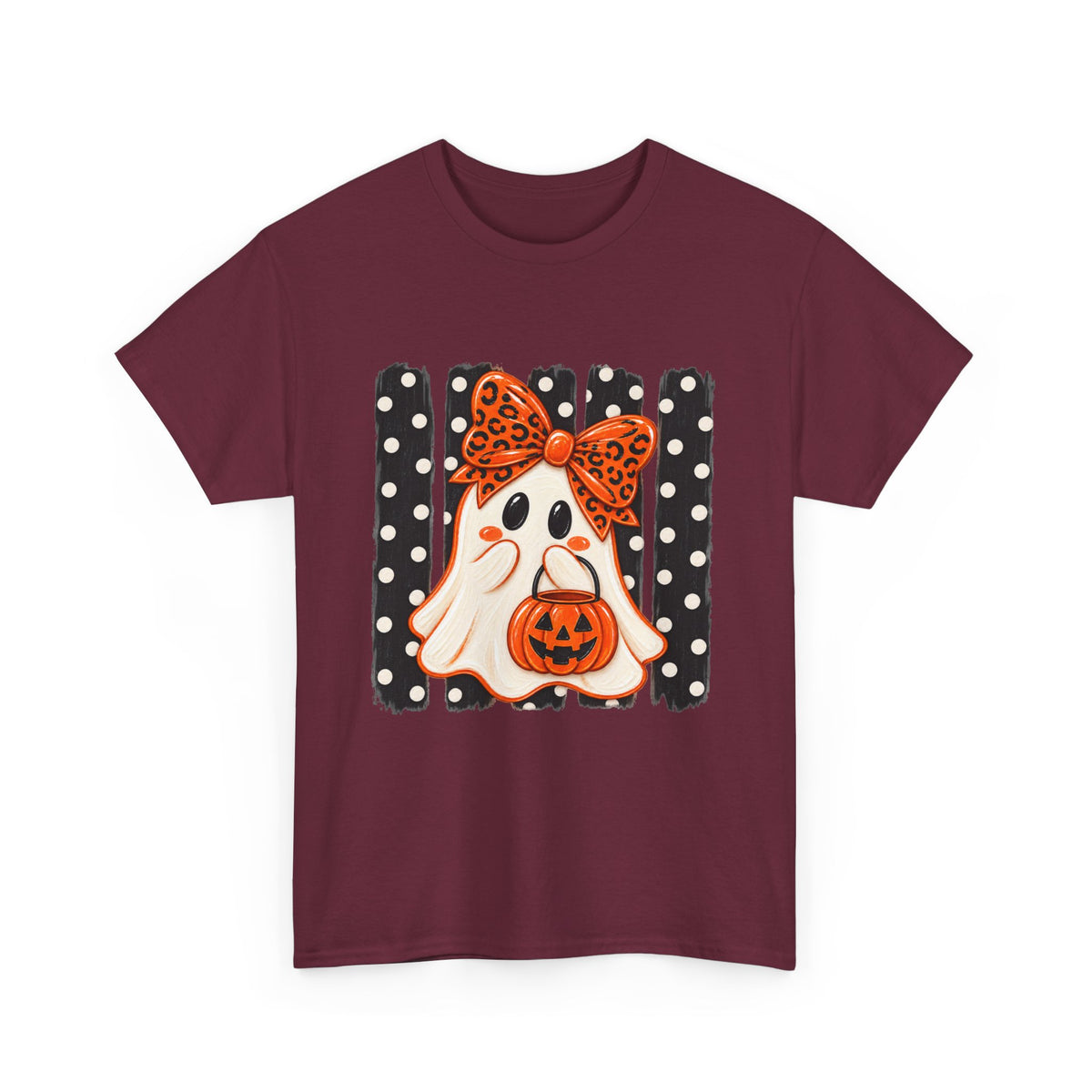 Halloween Ghost Tee — Cute Ghost with Pumpkin & Polka Dot Bow