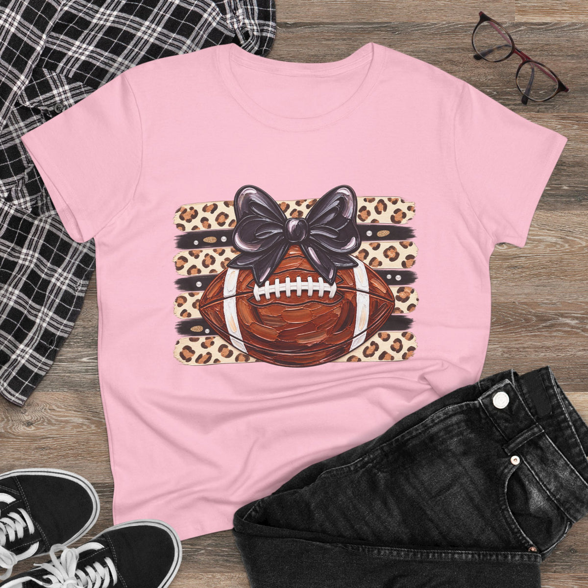 Leopard Football Tee — Cute Bow Game Day Shirt for Women