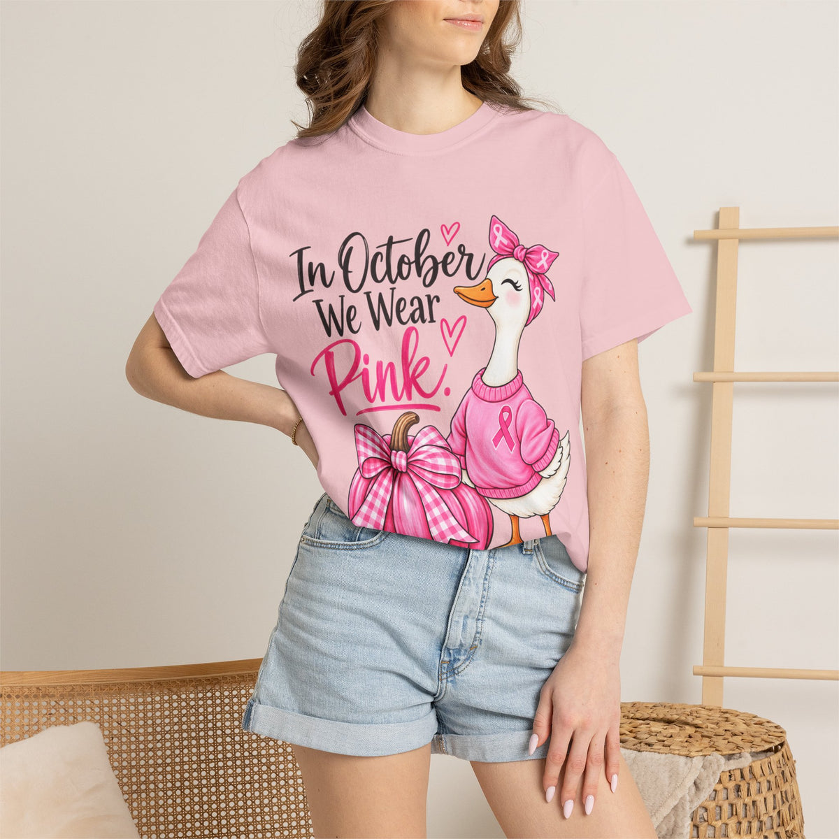 In October We Wear Pink Breast Cancer Awareness T-Shirt — Cute Duck & Pink Pumpkin Tee