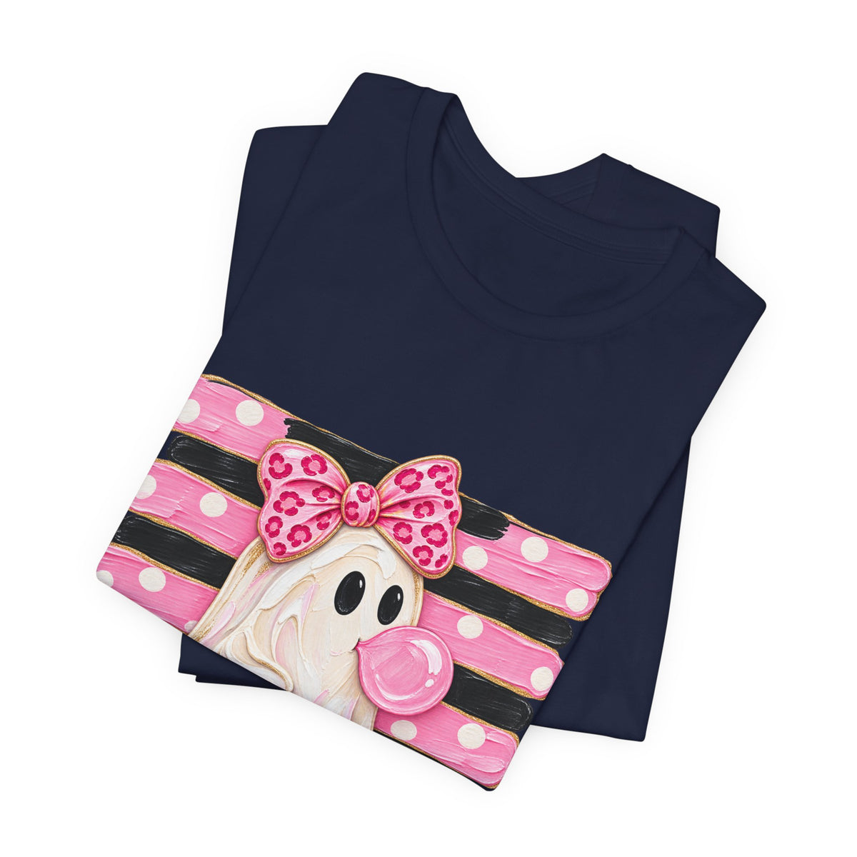 Pink Polka Dot Ghost T‑Shirt — Cute Halloween Ghost with Bow & Jack‑O‑Lantern