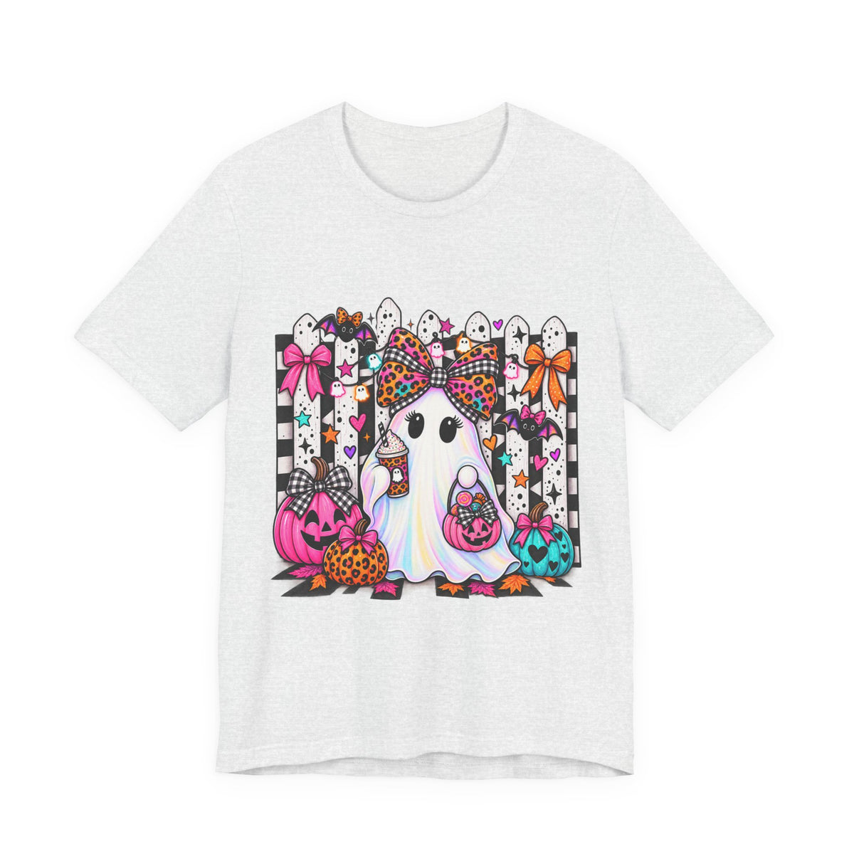 Cute Halloween Ghost Tee — Pink & Leopard Pumpkin Ghosts Graphic T-Shirt