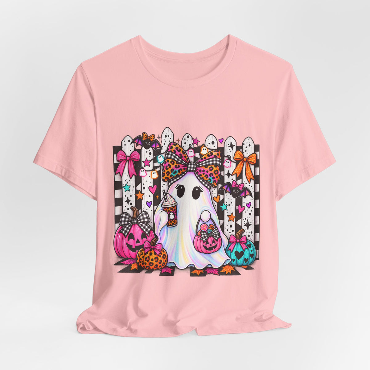 Cute Halloween Ghost Tee — Pink & Leopard Pumpkin Ghosts Graphic T-Shirt