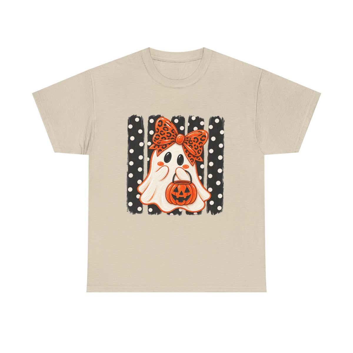 Halloween Ghost Tee — Cute Ghost with Pumpkin & Polka Dot Bow