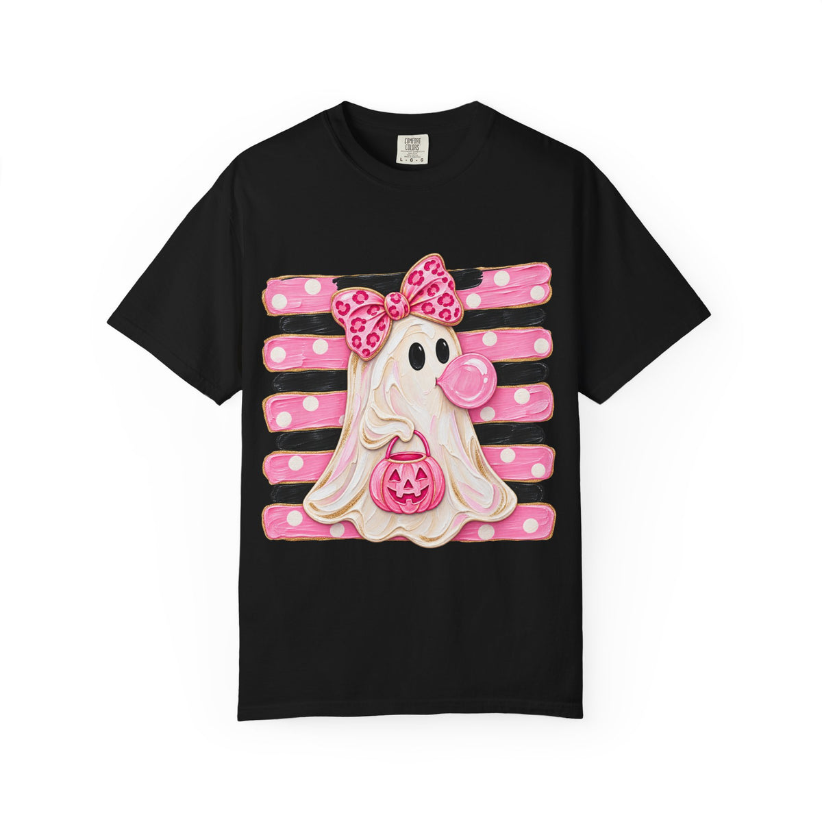 Halloween Pink Ghost T-Shirt — Cute Bubblegum Ghost with Bow & Jack-o'-Lantern