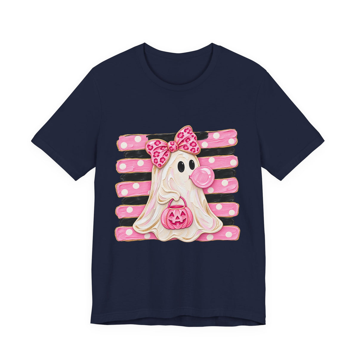 Pink Polka Dot Ghost T‑Shirt — Cute Halloween Ghost with Bow & Jack‑O‑Lantern