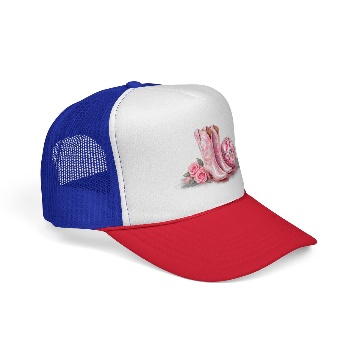 Cowgirl Pink Boots Trucker Cap — Western Rodeo Hat with Floral & Disco Ball Design