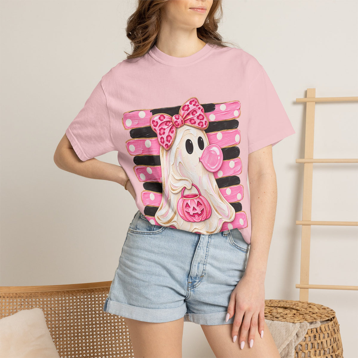 Halloween Pink Ghost T-Shirt — Cute Bubblegum Ghost with Bow & Jack-o'-Lantern