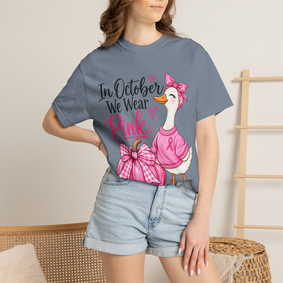 In October We Wear Pink Breast Cancer Awareness T-Shirt — Cute Duck & Pink Pumpkin Tee