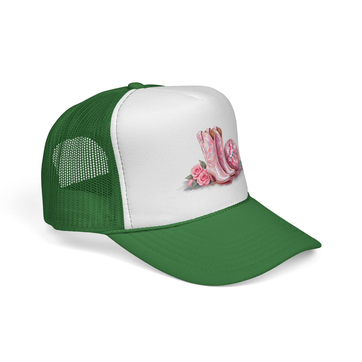 Cowgirl Pink Boots Trucker Cap — Western Rodeo Hat with Floral & Disco Ball Design