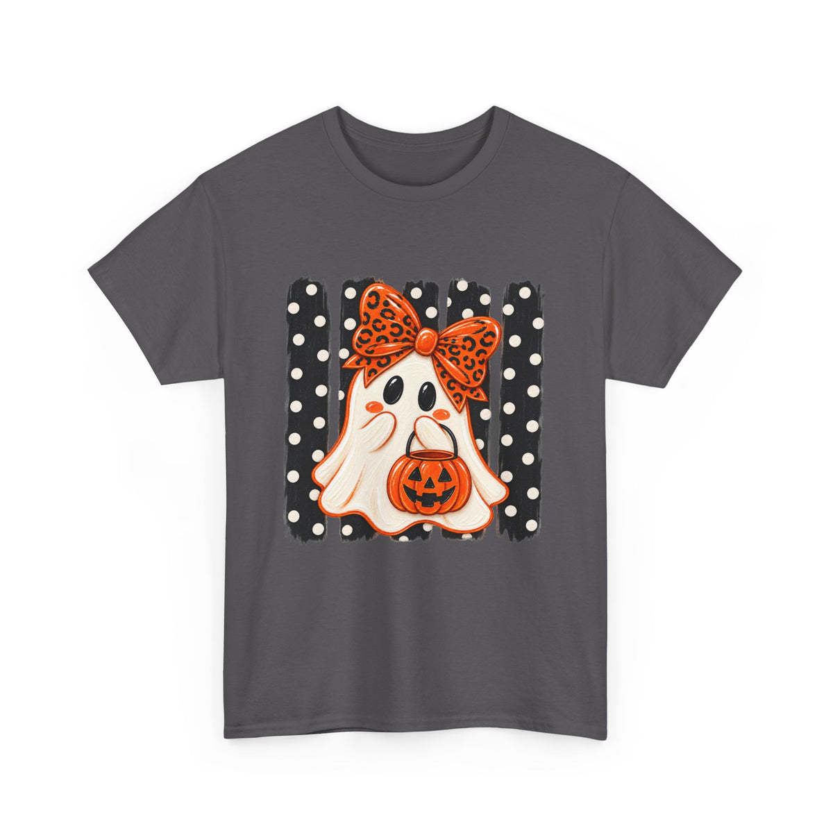 Halloween Ghost Tee — Cute Ghost with Pumpkin & Polka Dot Bow