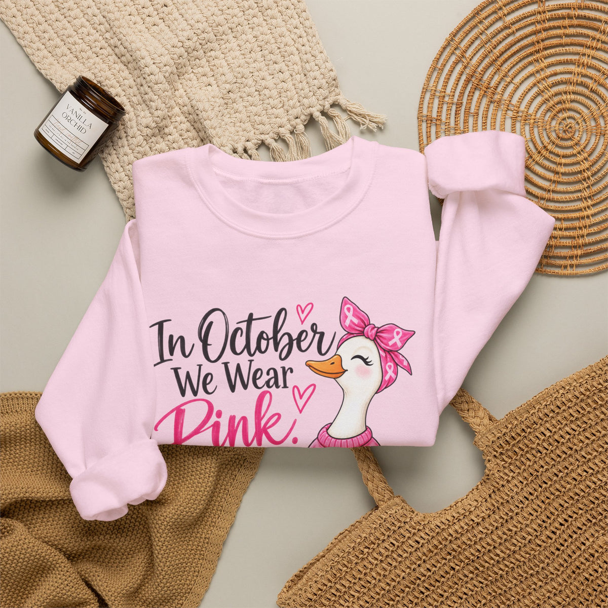 In October We Wear Pink Sweatshirt — Breast Cancer Awareness Pink Duck & Pumpkin Crewneck
