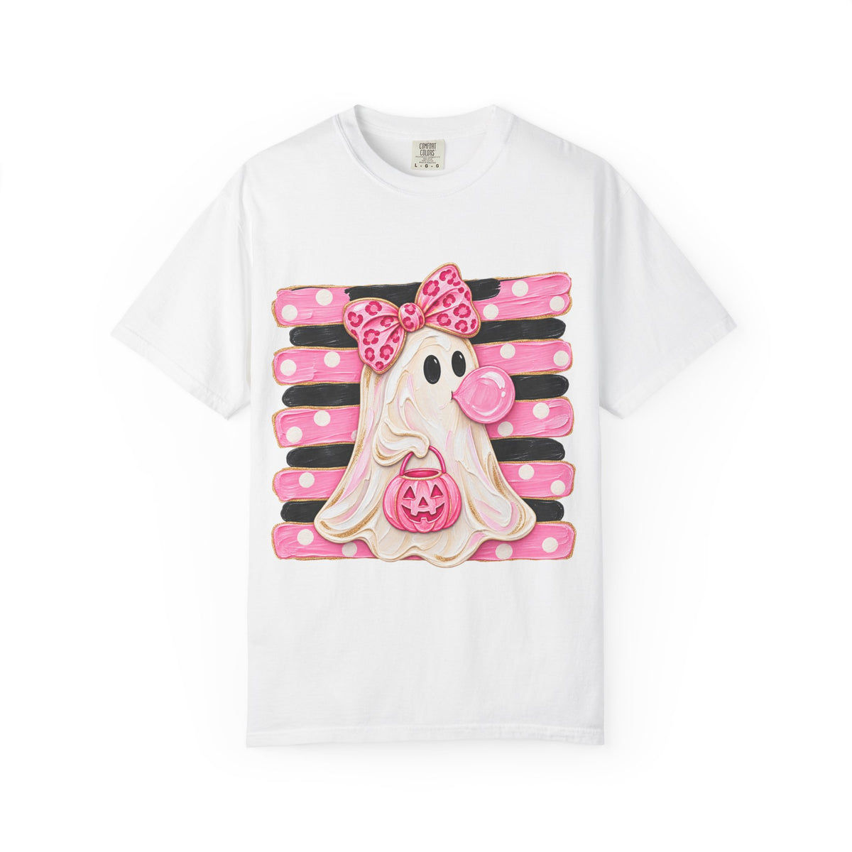 Halloween Pink Ghost T-Shirt — Cute Bubblegum Ghost with Bow & Jack-o'-Lantern