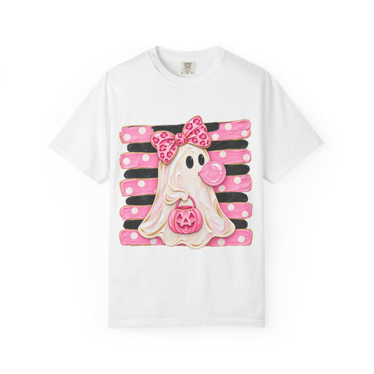 Halloween Pink Ghost T-Shirt — Cute Bubblegum Ghost with Bow & Jack-o'-Lantern