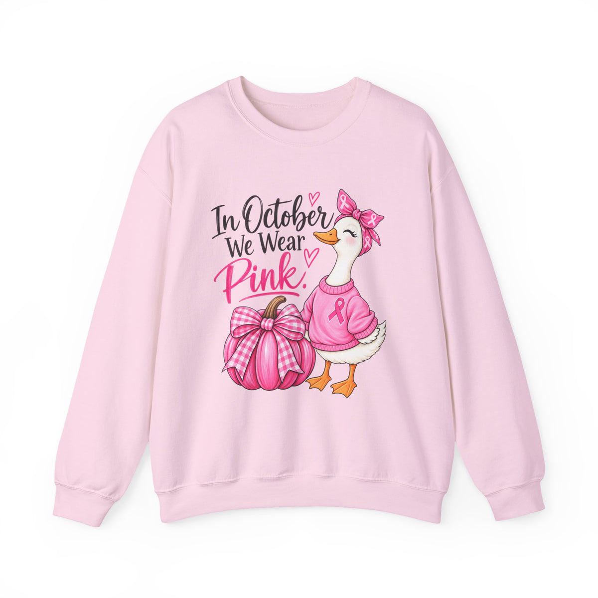 In October We Wear Pink Sweatshirt — Breast Cancer Awareness Pink Duck & Pumpkin Crewneck