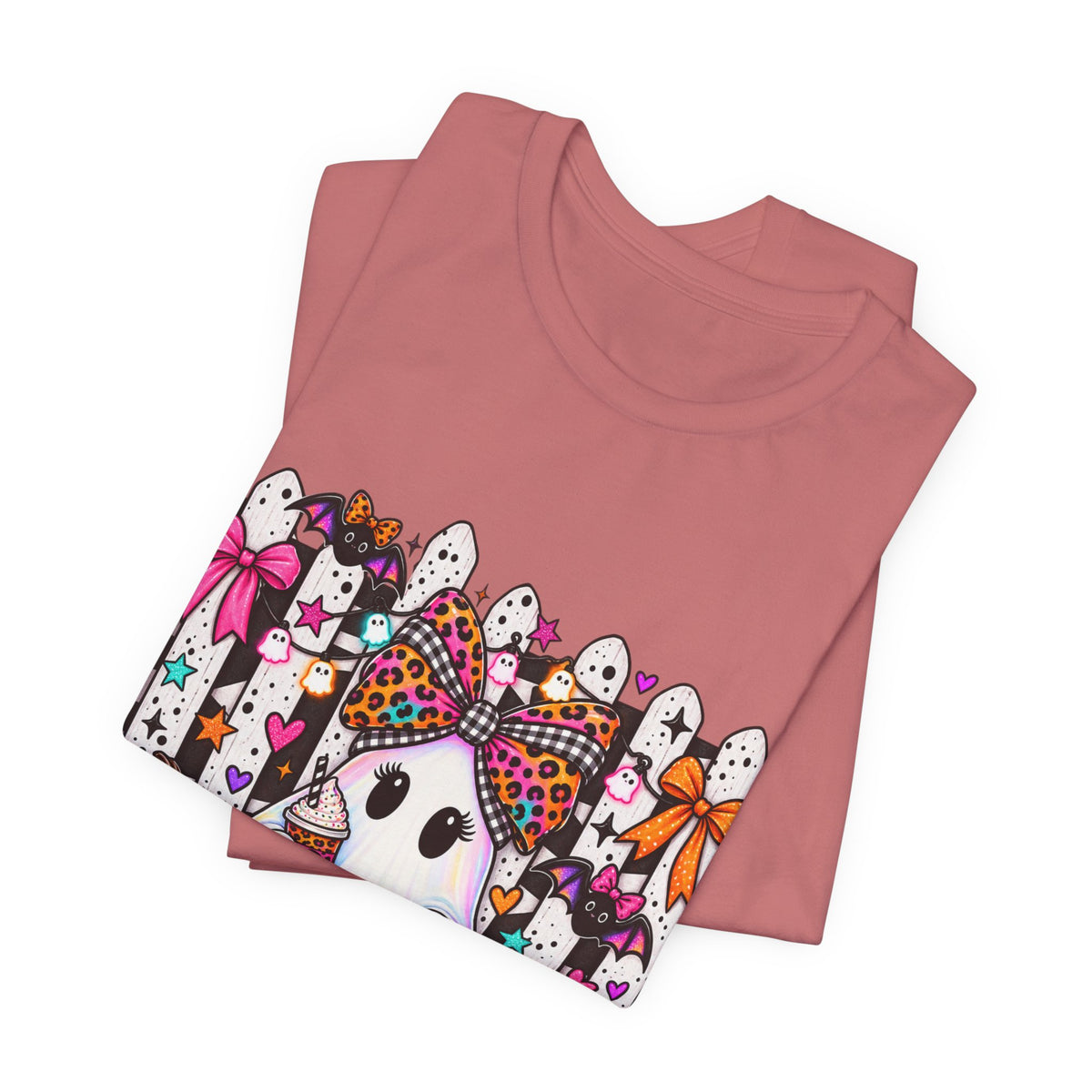 Cute Halloween Ghost Tee — Pink & Leopard Pumpkin Ghosts Graphic T-Shirt