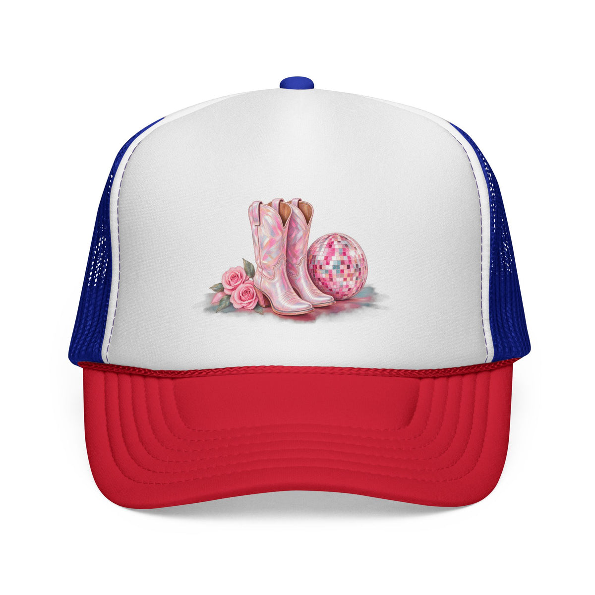 Cowgirl Pink Boots Trucker Cap — Western Rodeo Hat with Floral & Disco Ball Design