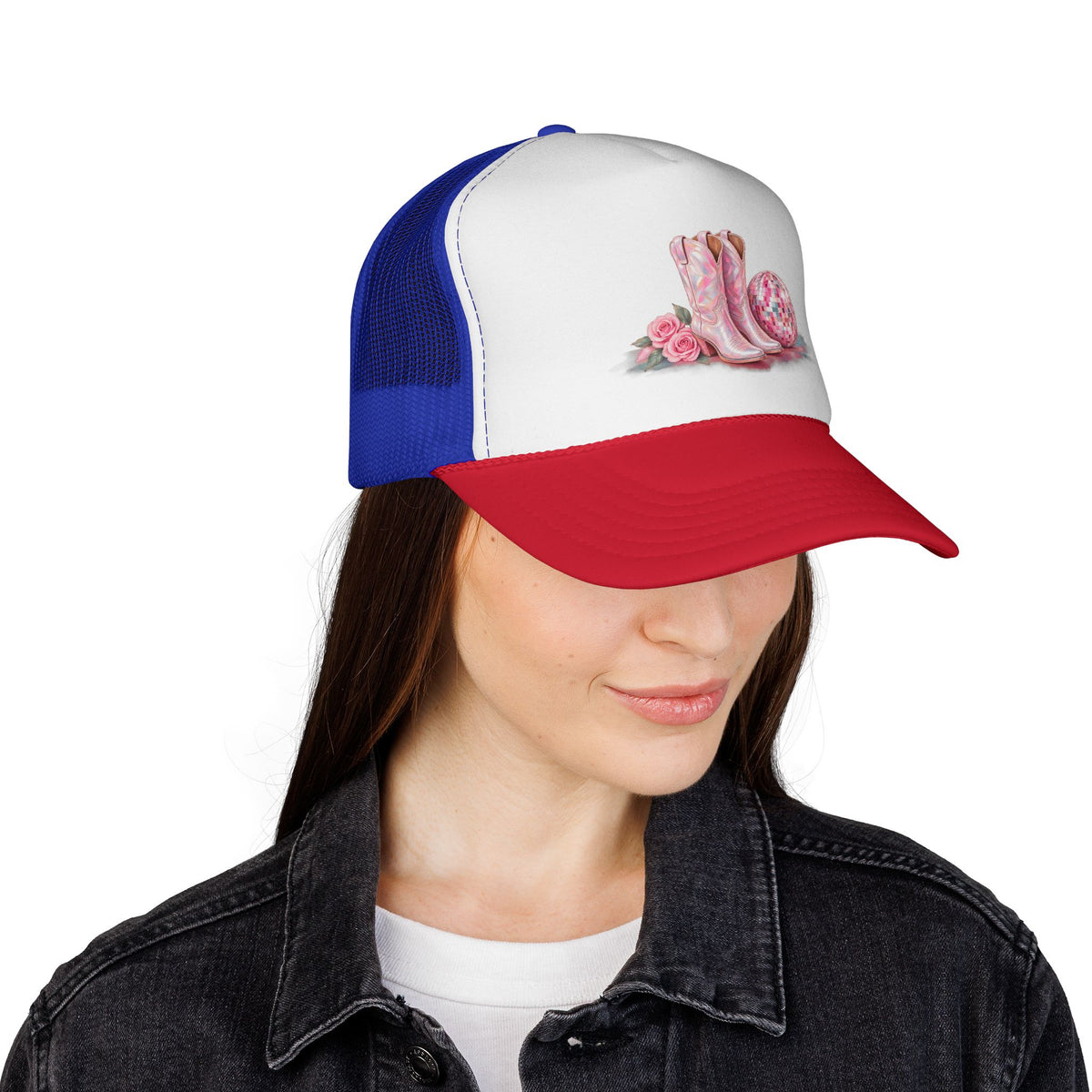 Cowgirl Pink Boots Trucker Cap — Western Rodeo Hat with Floral & Disco Ball Design