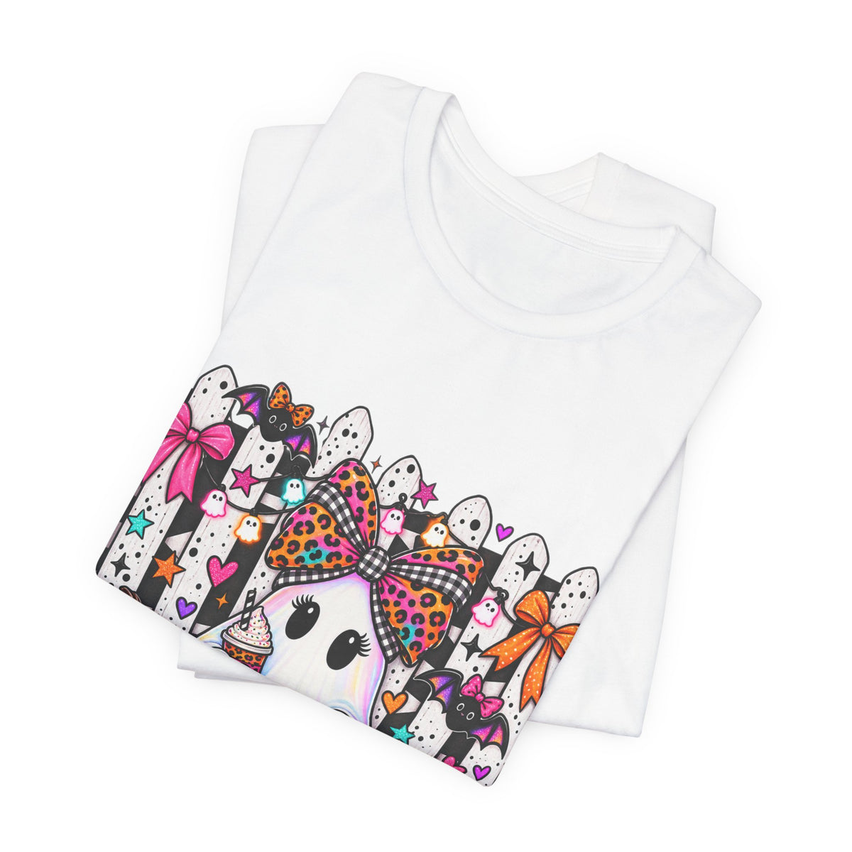 Cute Halloween Ghost Tee — Pink & Leopard Pumpkin Ghosts Graphic T-Shirt