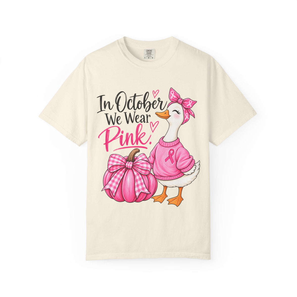 In October We Wear Pink Breast Cancer Awareness T-Shirt — Cute Duck & Pink Pumpkin Tee