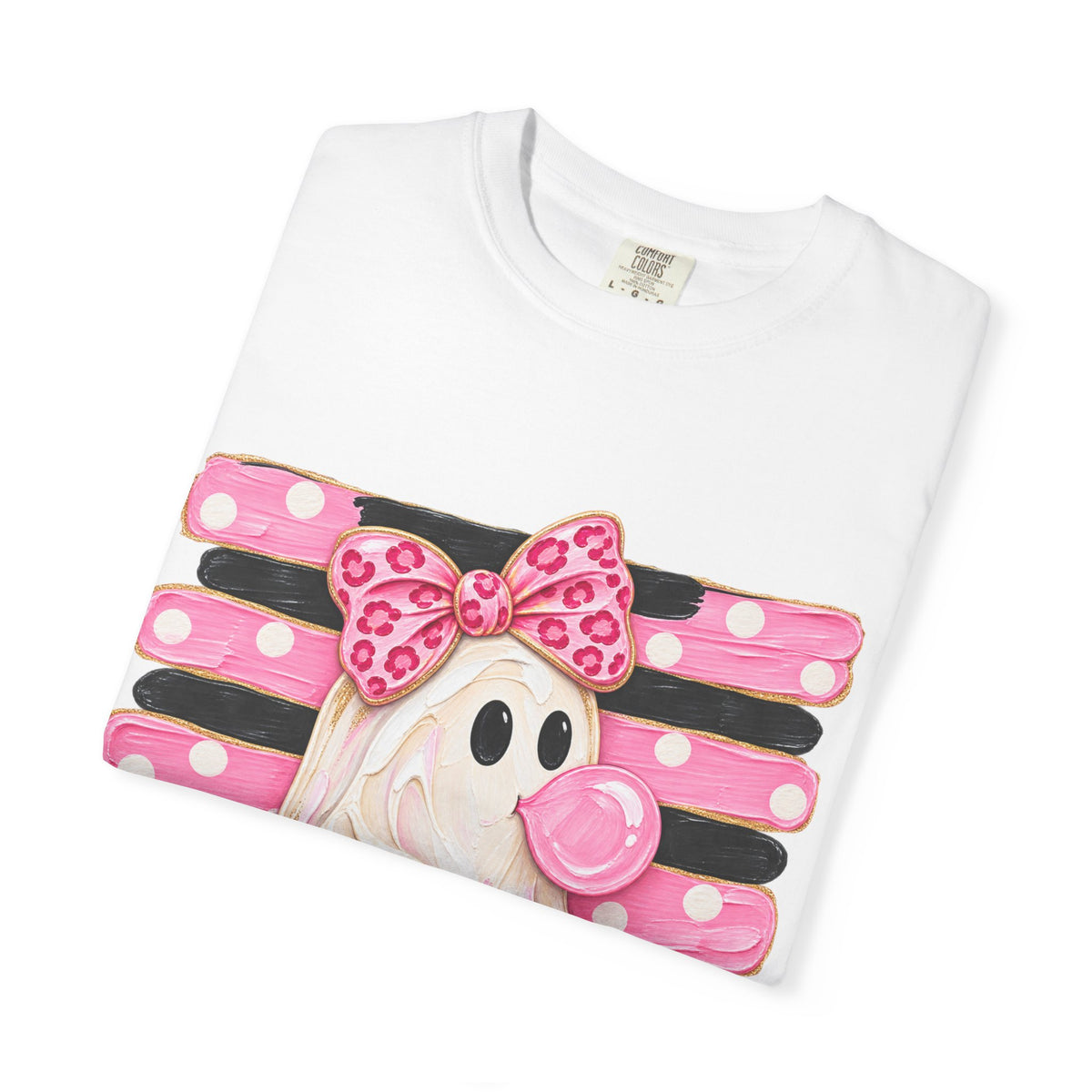 Halloween Pink Ghost T-Shirt — Cute Bubblegum Ghost with Bow & Jack-o'-Lantern